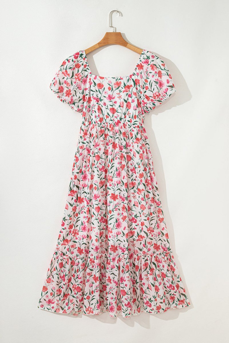 Pink Floral Puff Sleeve Square Neck Empire Waist Maxi Dress