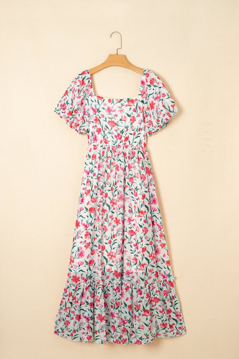 Pink Floral Puff Sleeve Square Neck Empire Waist Maxi Dress