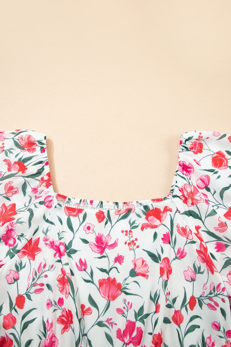 Pink Floral Puff Sleeve Square Neck Empire Waist Maxi Dress