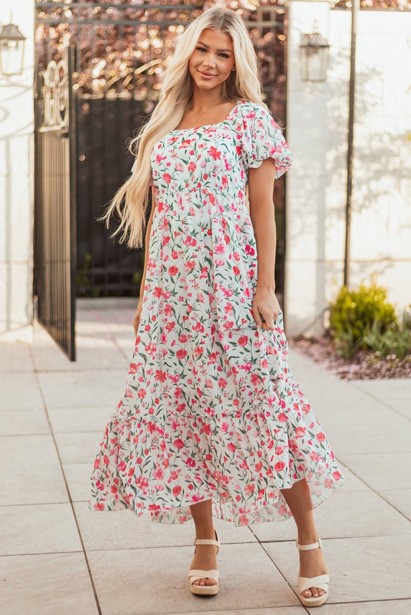 Pink Floral Puff Sleeve Square Neck Empire Waist Maxi Dress