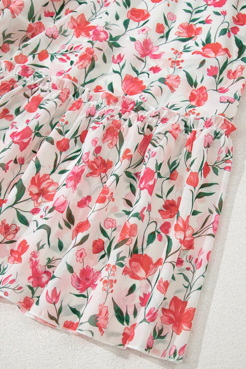 Pink Floral Puff Sleeve Square Neck Empire Waist Maxi Dress