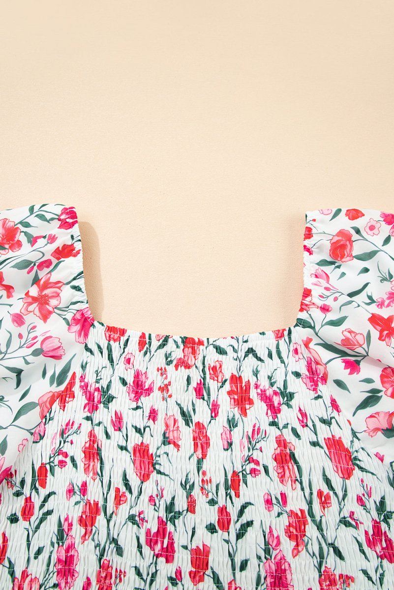 Pink Floral Puff Sleeve Square Neck Empire Waist Maxi Dress