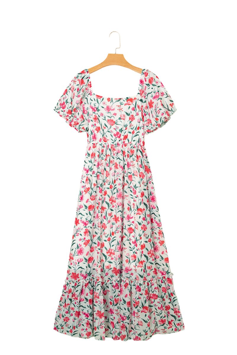 Pink Floral Puff Sleeve Square Neck Empire Waist Maxi Dress