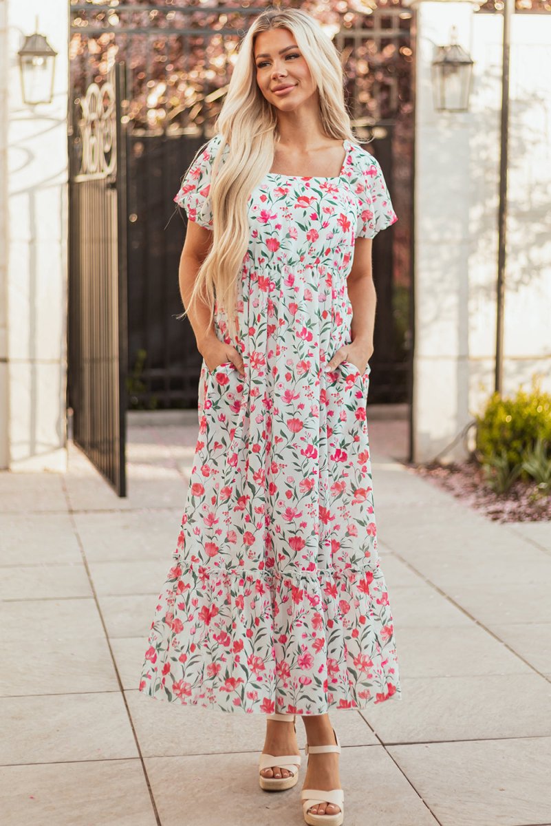 Pink Floral Puff Sleeve Square Neck Empire Waist Maxi Dress