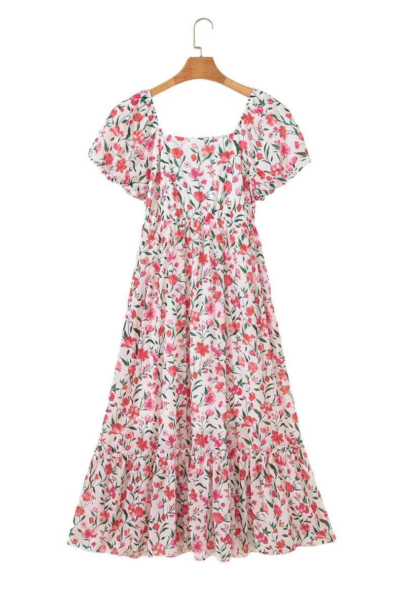 Pink Floral Puff Sleeve Square Neck Empire Waist Maxi Dress