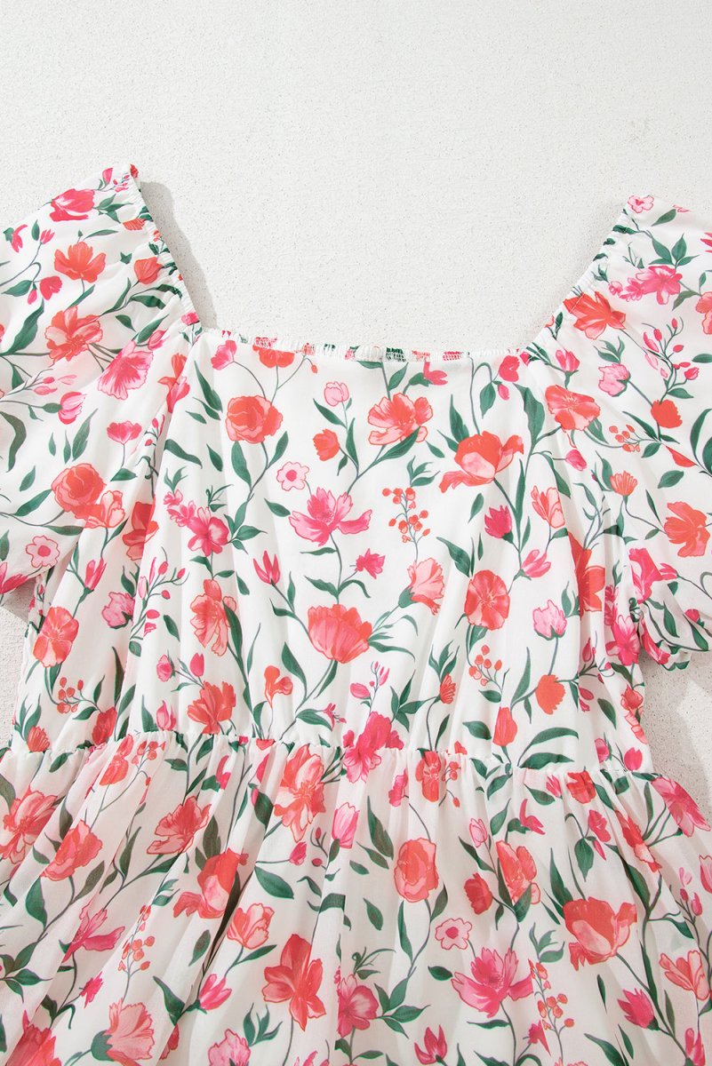 Pink Floral Puff Sleeve Square Neck Empire Waist Maxi Dress