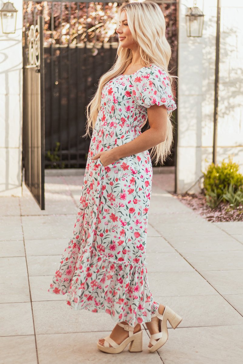 Pink Floral Puff Sleeve Square Neck Empire Waist Maxi Dress