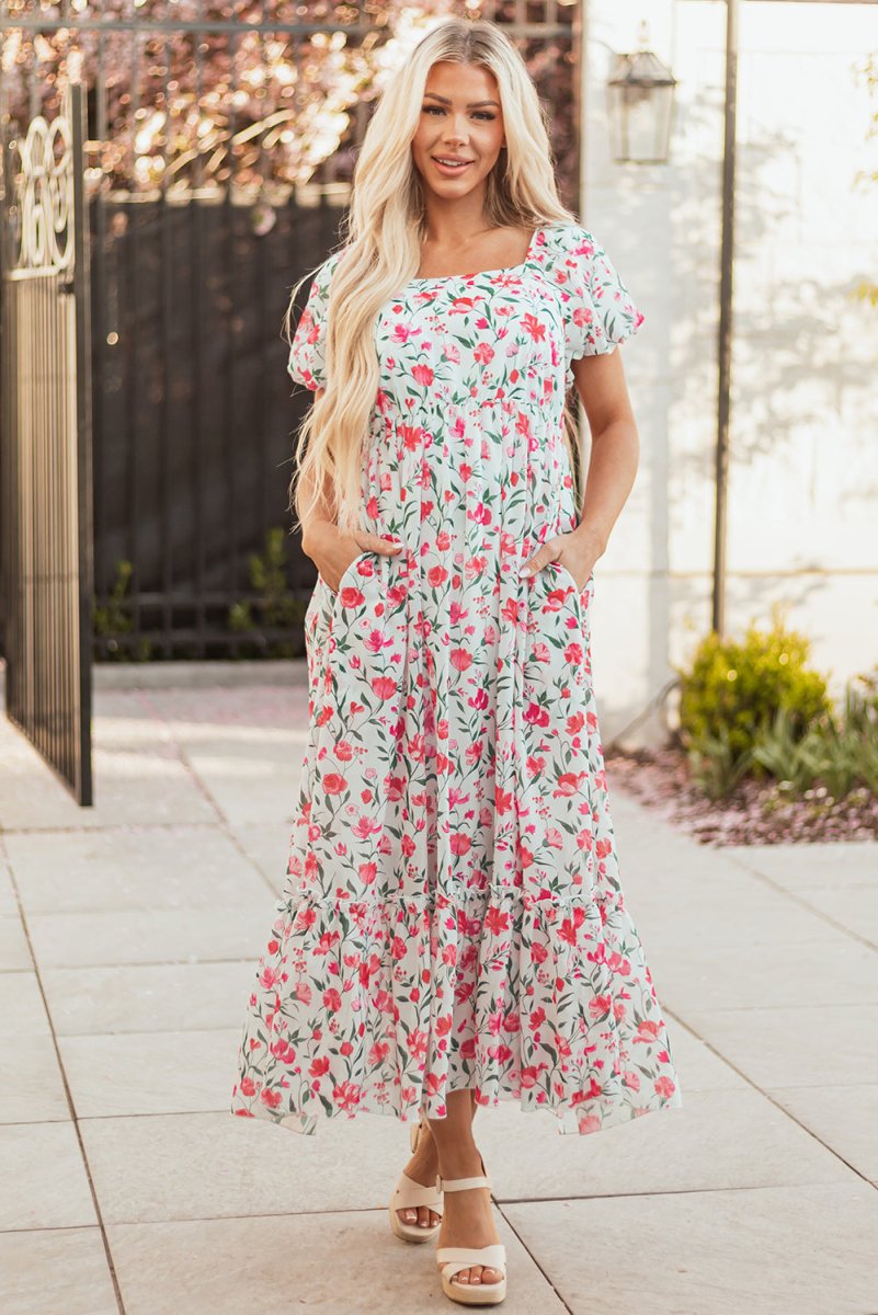 Pink Floral Puff Sleeve Square Neck Empire Waist Maxi Dress