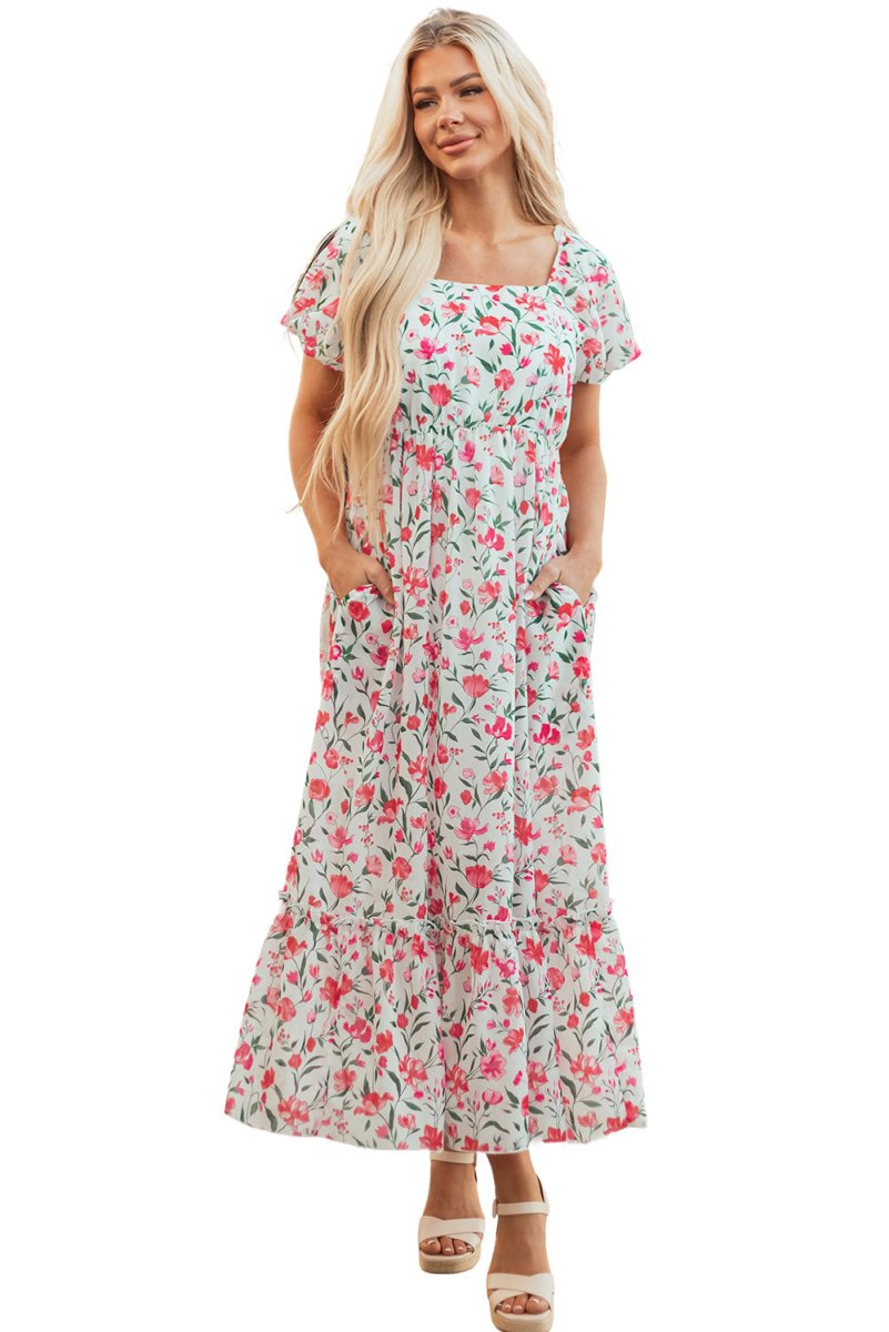 Pink Floral Puff Sleeve Square Neck Empire Waist Maxi Dress