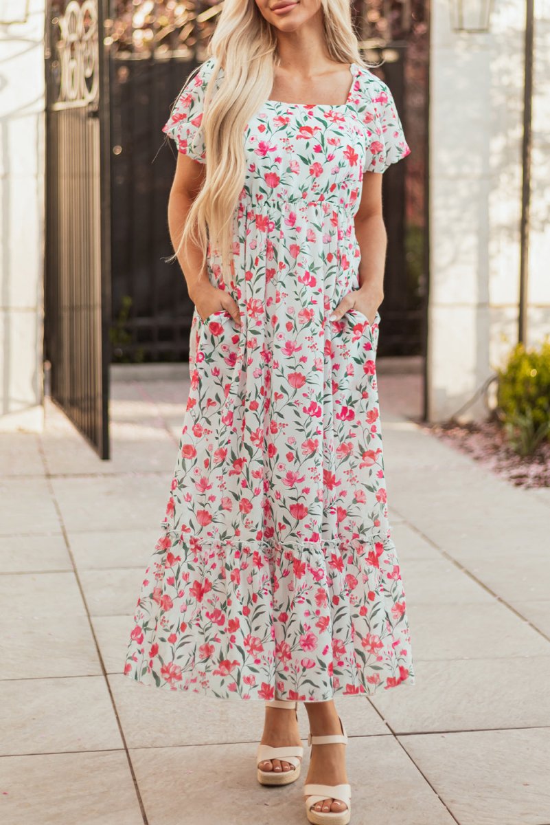 Pink Floral Puff Sleeve Square Neck Empire Waist Maxi Dress