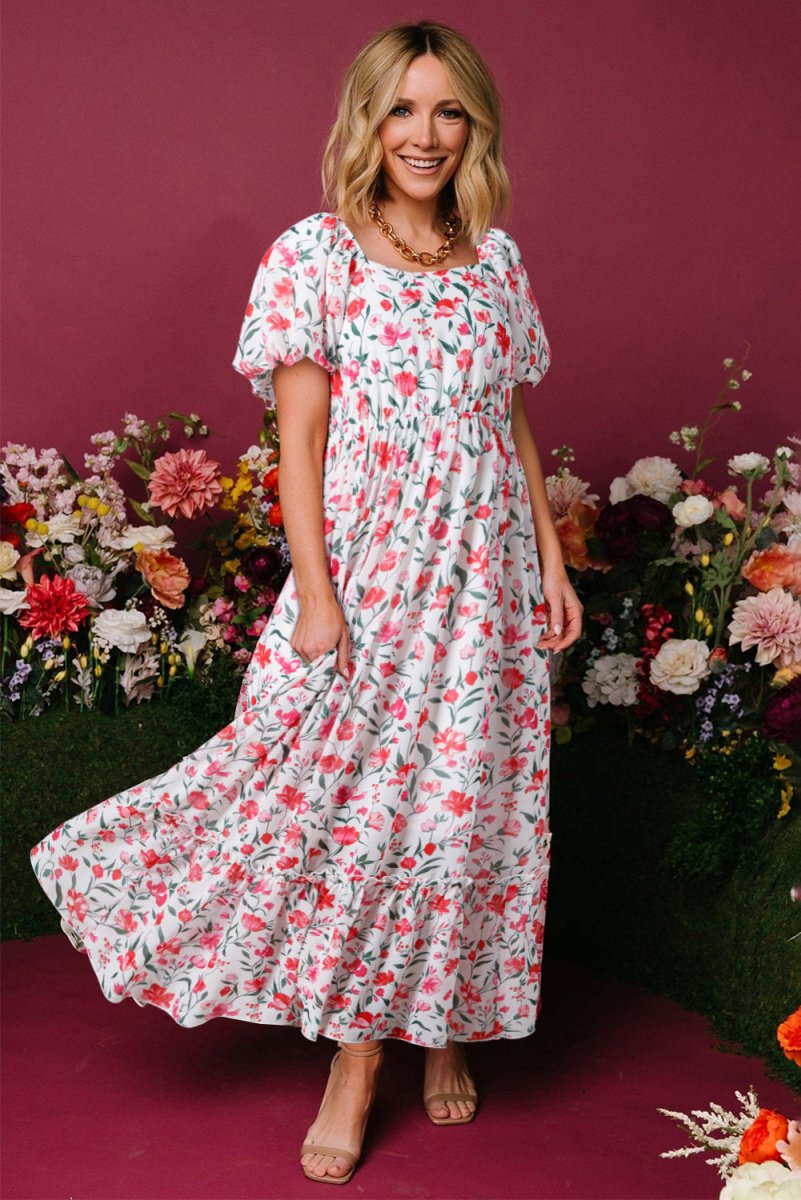 Pink Floral Puff Sleeve Square Neck Empire Waist Maxi Dress