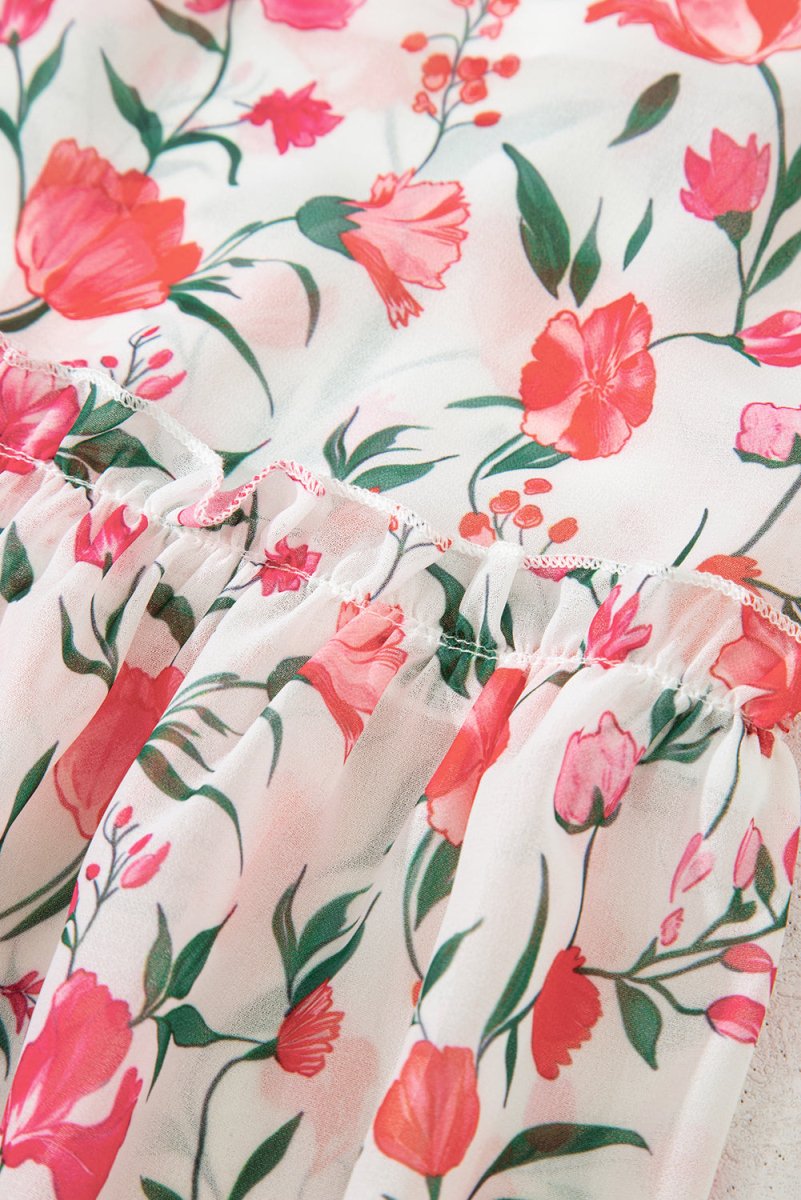 Pink Floral Puff Sleeve Square Neck Empire Waist Maxi Dress