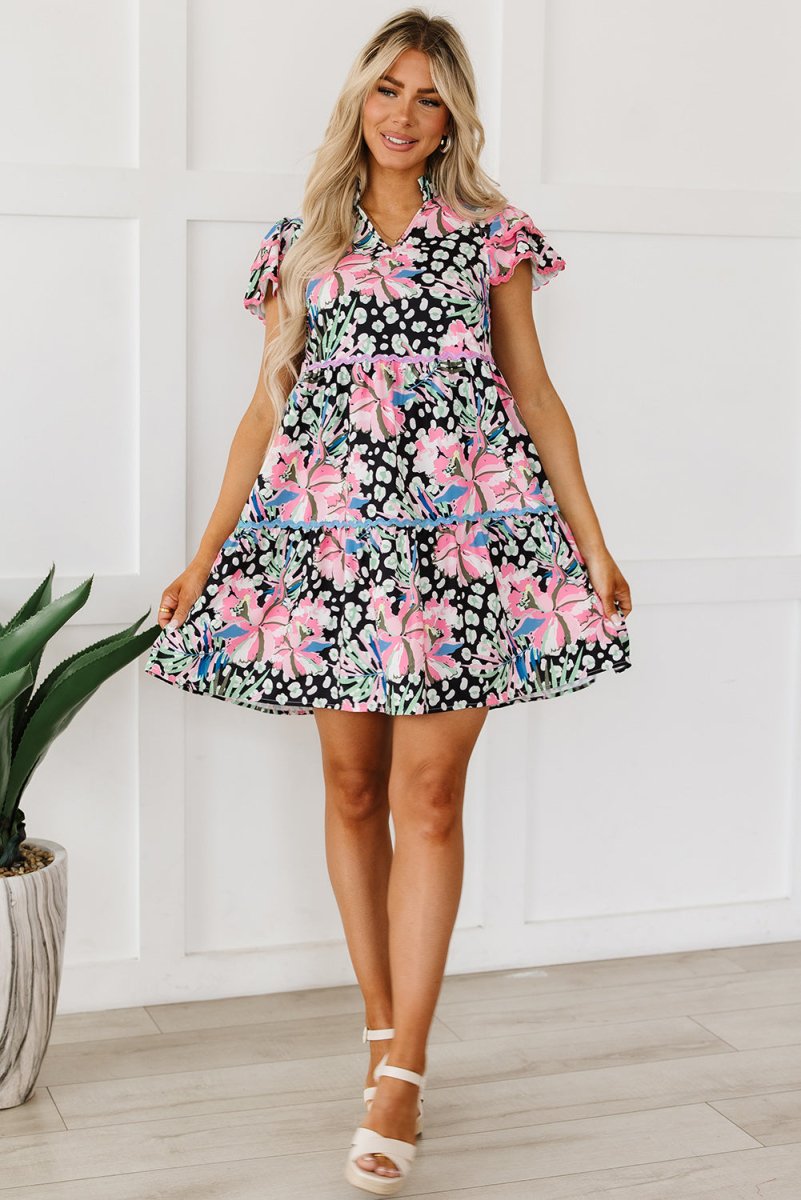 Pink Floral Ricrac Embellished Tiered Mini Dress for Women