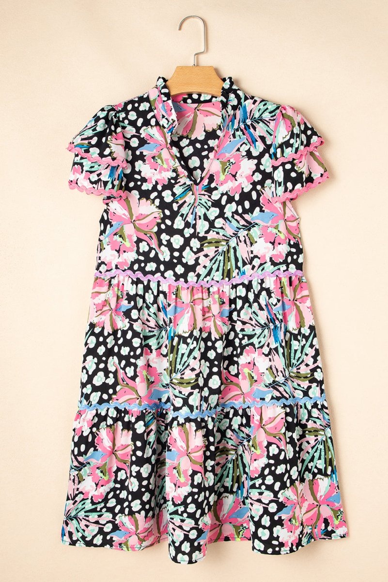 Pink Floral Ricrac Embellished Tiered Mini Dress for Women