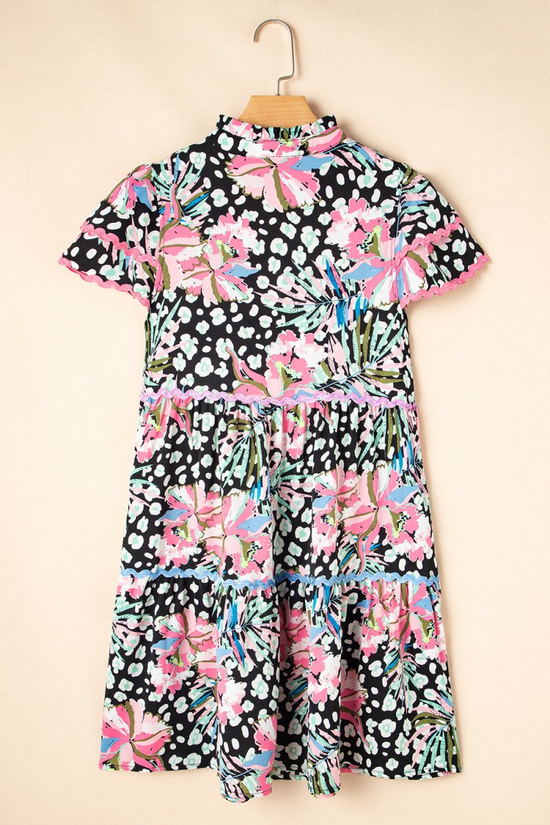 Pink Floral Ricrac Embellished Tiered Mini Dress for Women