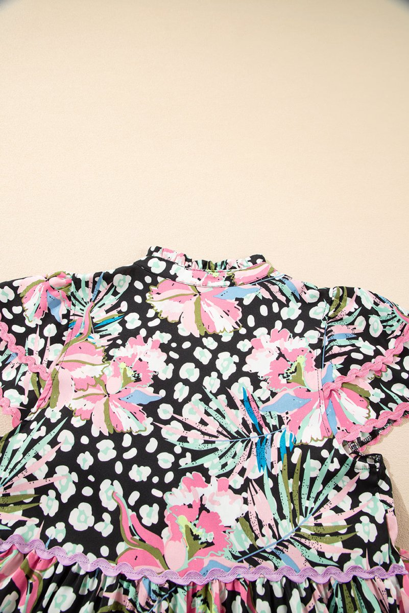 Pink Floral Ricrac Embellished Tiered Mini Dress for Women