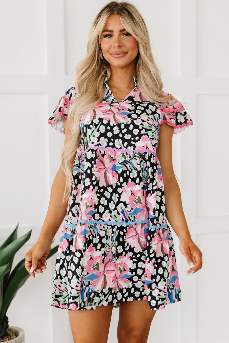 Pink Floral Ricrac Embellished Tiered Mini Dress for Women