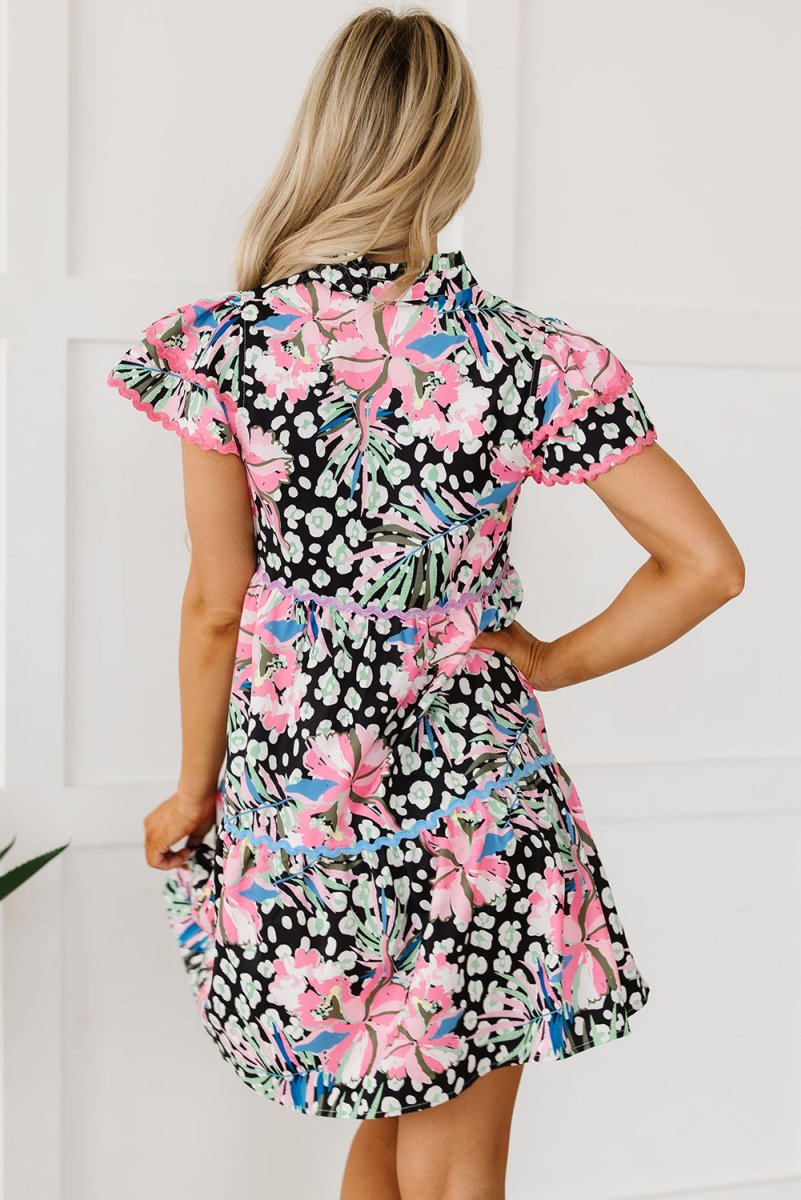 Pink Floral Ricrac Embellished Tiered Mini Dress for Women
