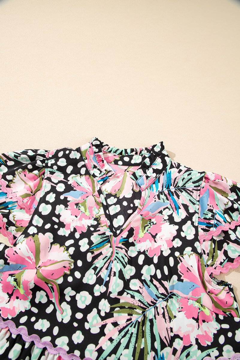 Pink Floral Ricrac Embellished Tiered Mini Dress for Women