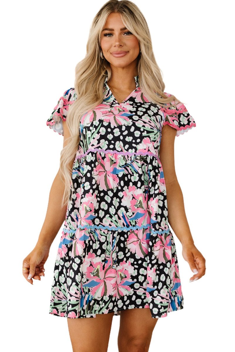 Pink Floral Ricrac Embellished Tiered Mini Dress for Women
