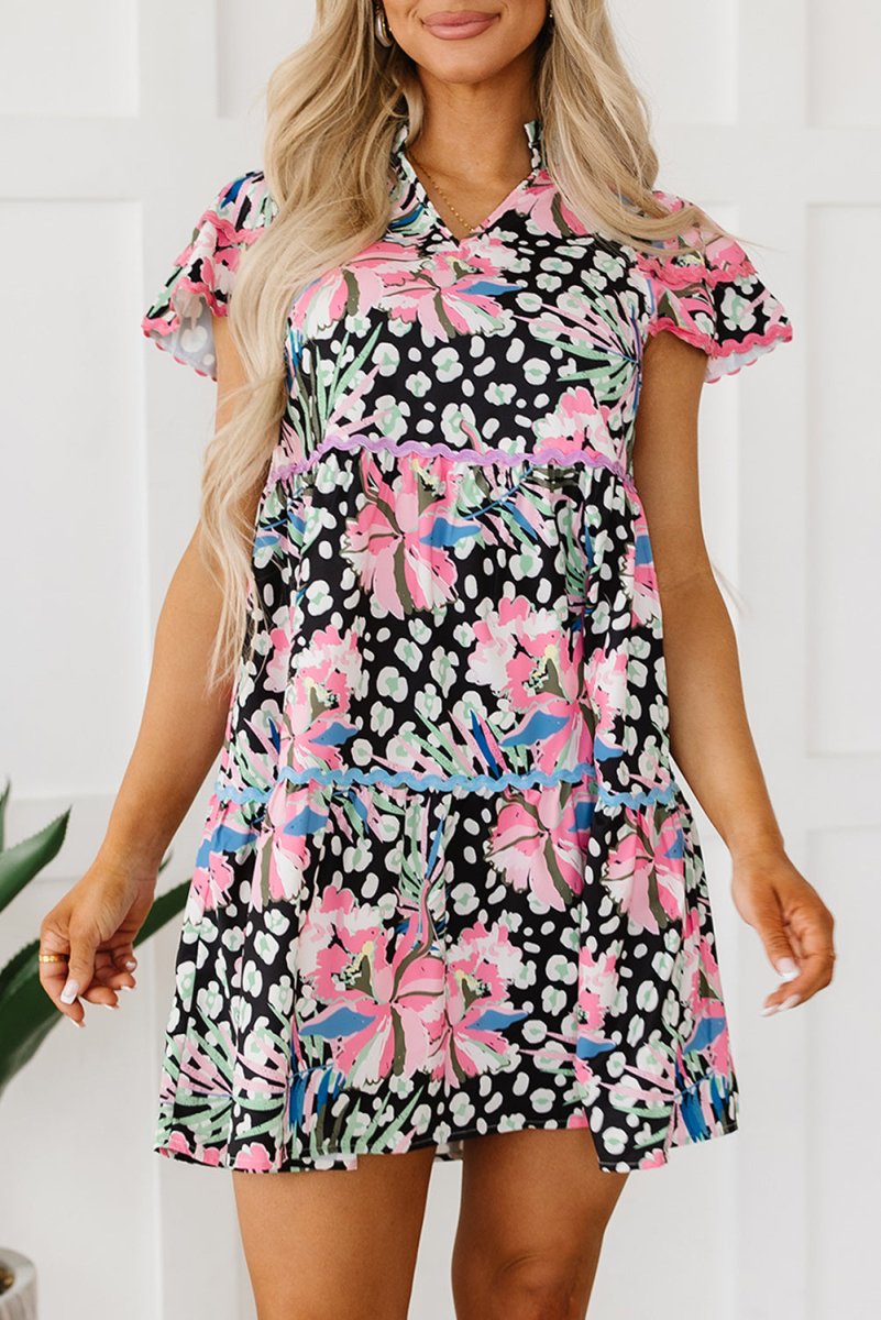 Pink Floral Ricrac Embellished Tiered Mini Dress for Women