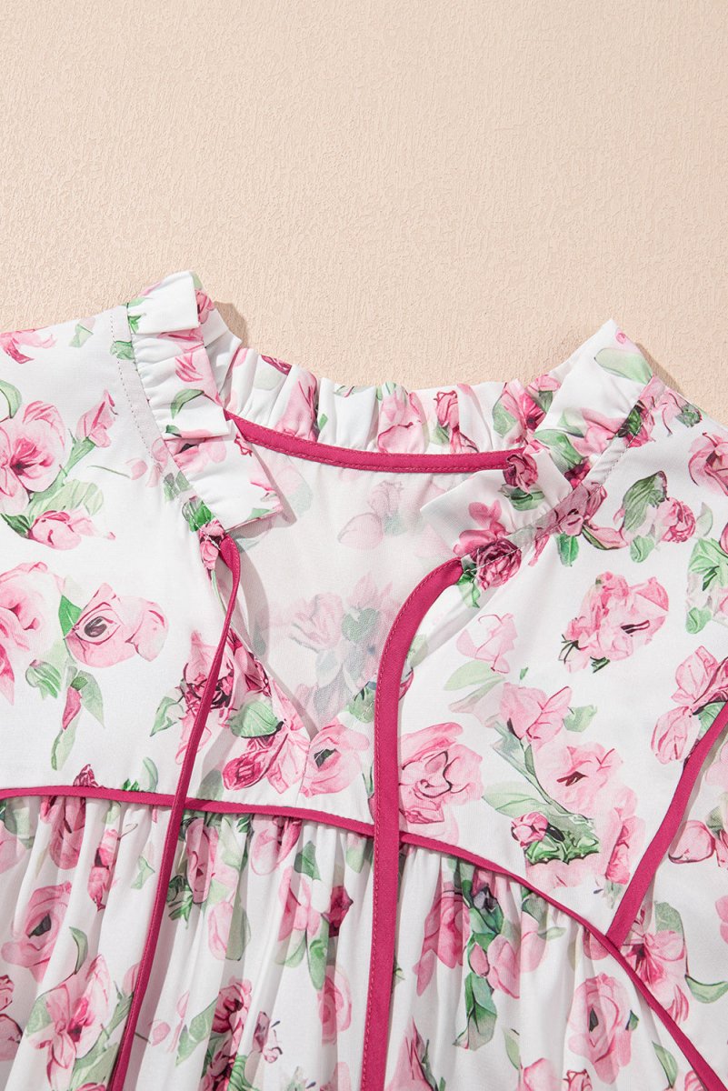 Pink Floral Split Neck Short Sleeve Loose Plus Size Mini Dress