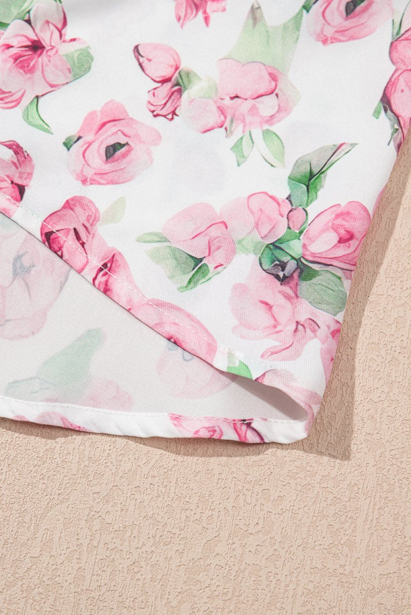 Pink Floral Split Neck Short Sleeve Loose Plus Size Mini Dress