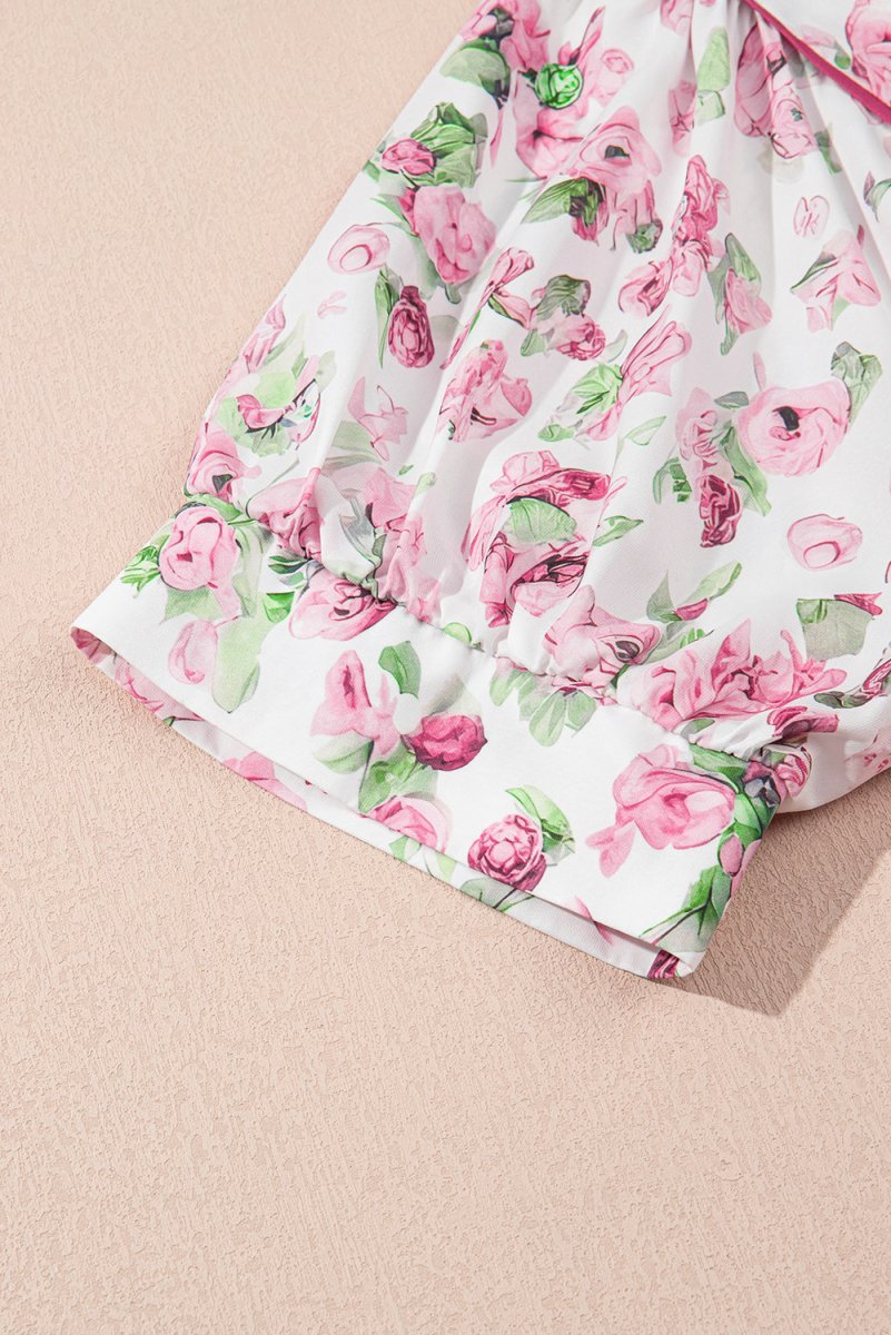 Pink Floral Split Neck Short Sleeve Loose Plus Size Mini Dress