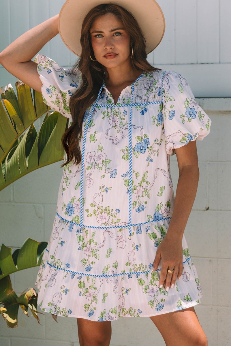 Pink Floral Striped Print Contrast Trim Tie Split Neck Mini Dress