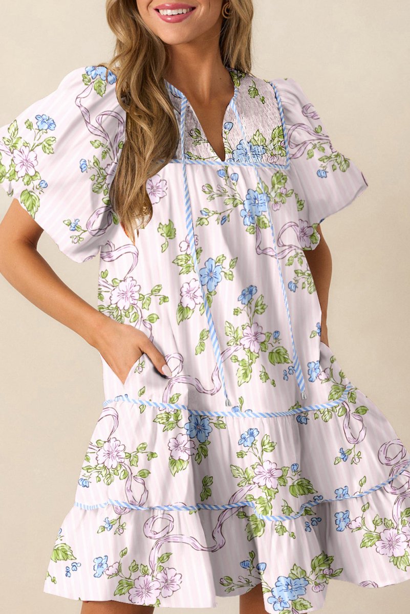 Pink Floral Striped Print Contrast Trim Tie Split Neck Mini Dress