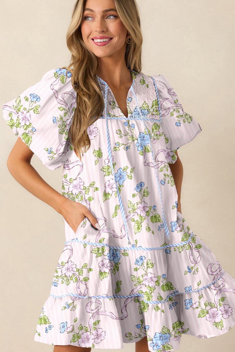 Pink Floral Striped Print Contrast Trim Tie Split Neck Mini Dress