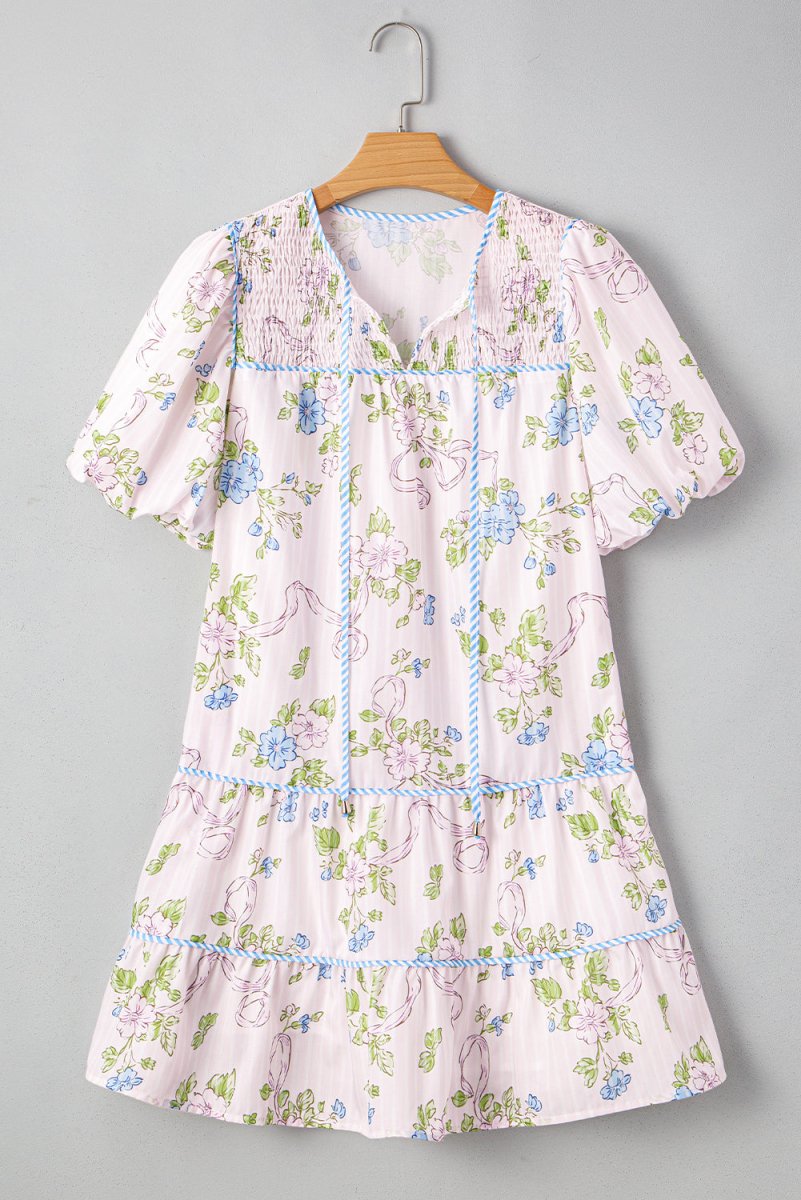 Pink Floral Striped Print Contrast Trim Tie Split Neck Mini Dress