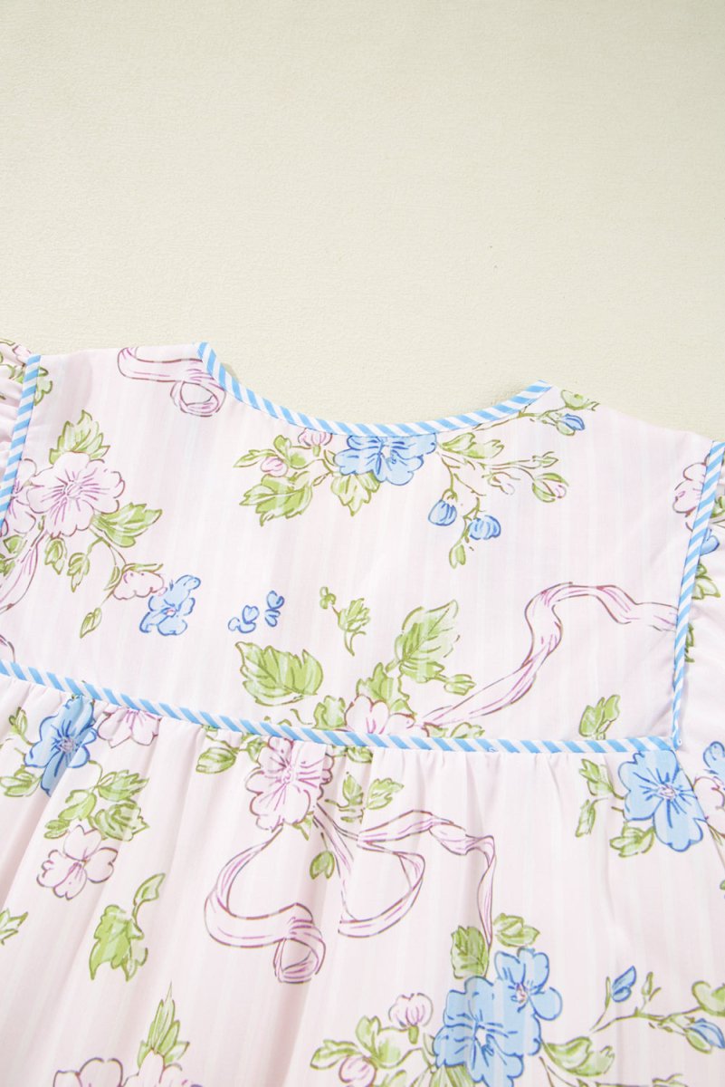 Pink Floral Striped Print Contrast Trim Tie Split Neck Mini Dress