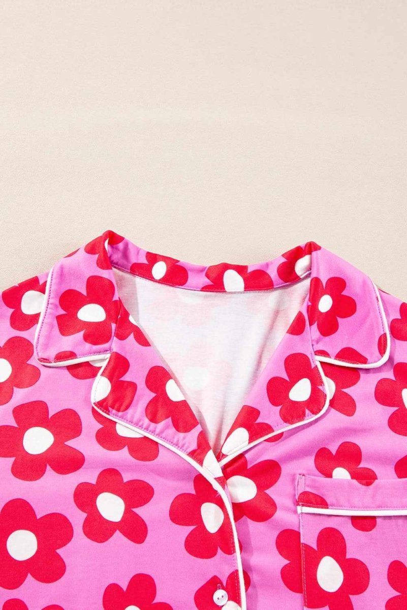 Pink Flower Print Long Sleeve Shirt Shorts Pajamas Set