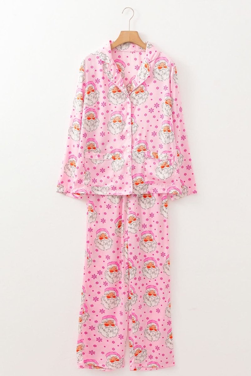 Pink Santa Claus Snowflake Long Sleeve Shirt Christmas Pajama Set