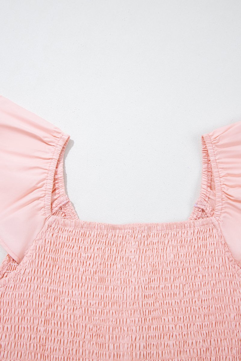 Pink V Neck Flutter Sleeve Smocked Bodice Maxi Dress