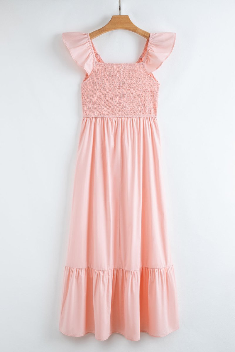 Pink V Neck Flutter Sleeve Smocked Bodice Maxi Dress