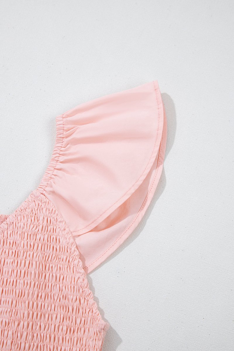 Pink V Neck Flutter Sleeve Smocked Bodice Maxi Dress