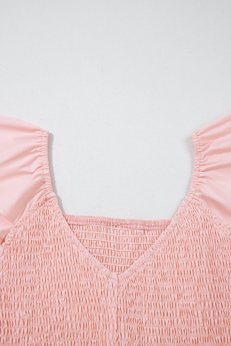 Pink V Neck Flutter Sleeve Smocked Bodice Maxi Dress