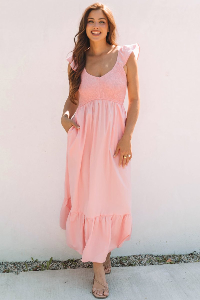 Pink V Neck Flutter Sleeve Smocked Bodice Maxi Dress