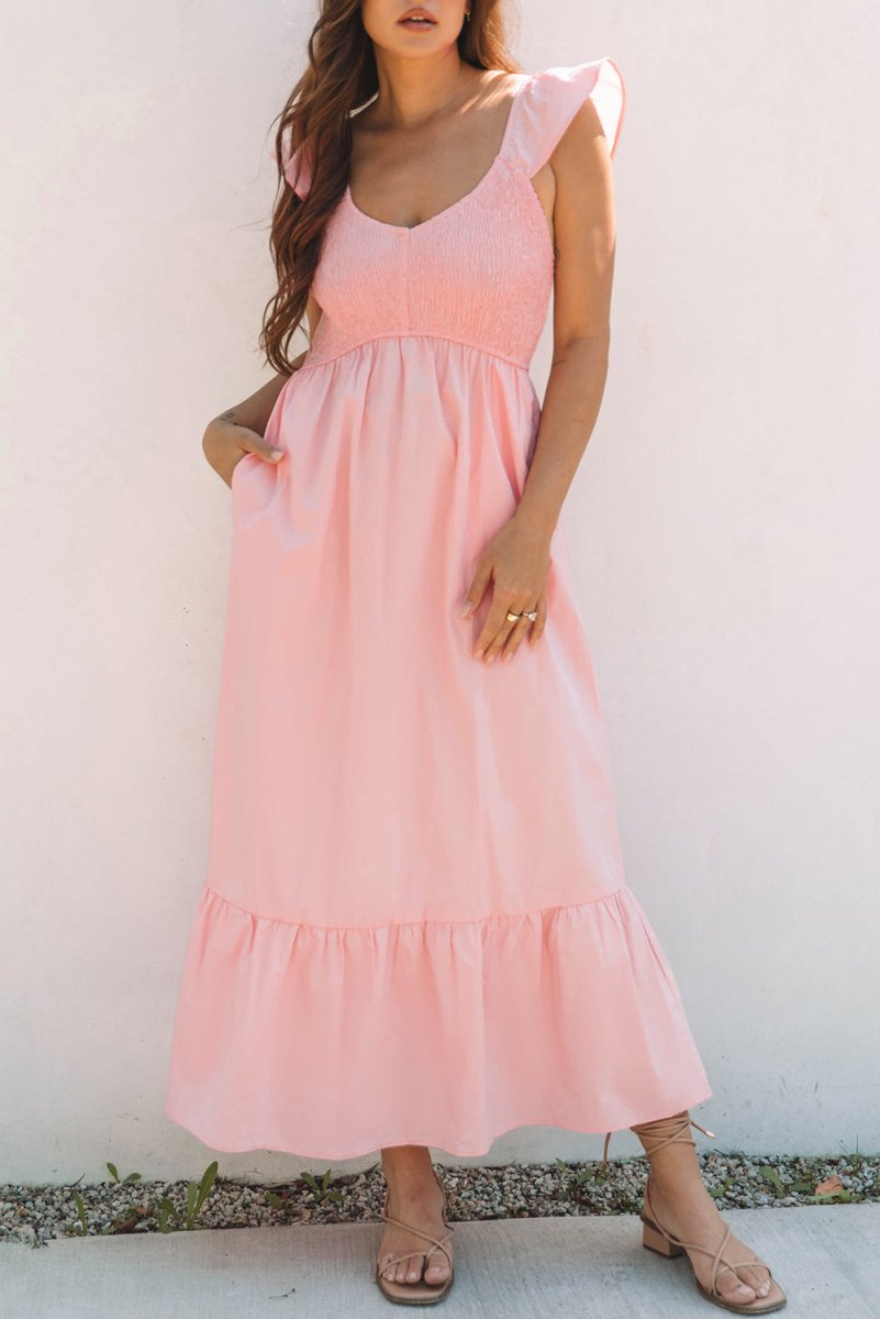 Pink V Neck Flutter Sleeve Smocked Bodice Maxi Dress