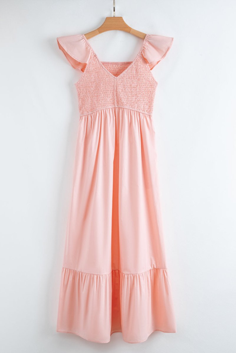 Pink V Neck Flutter Sleeve Smocked Bodice Maxi Dress