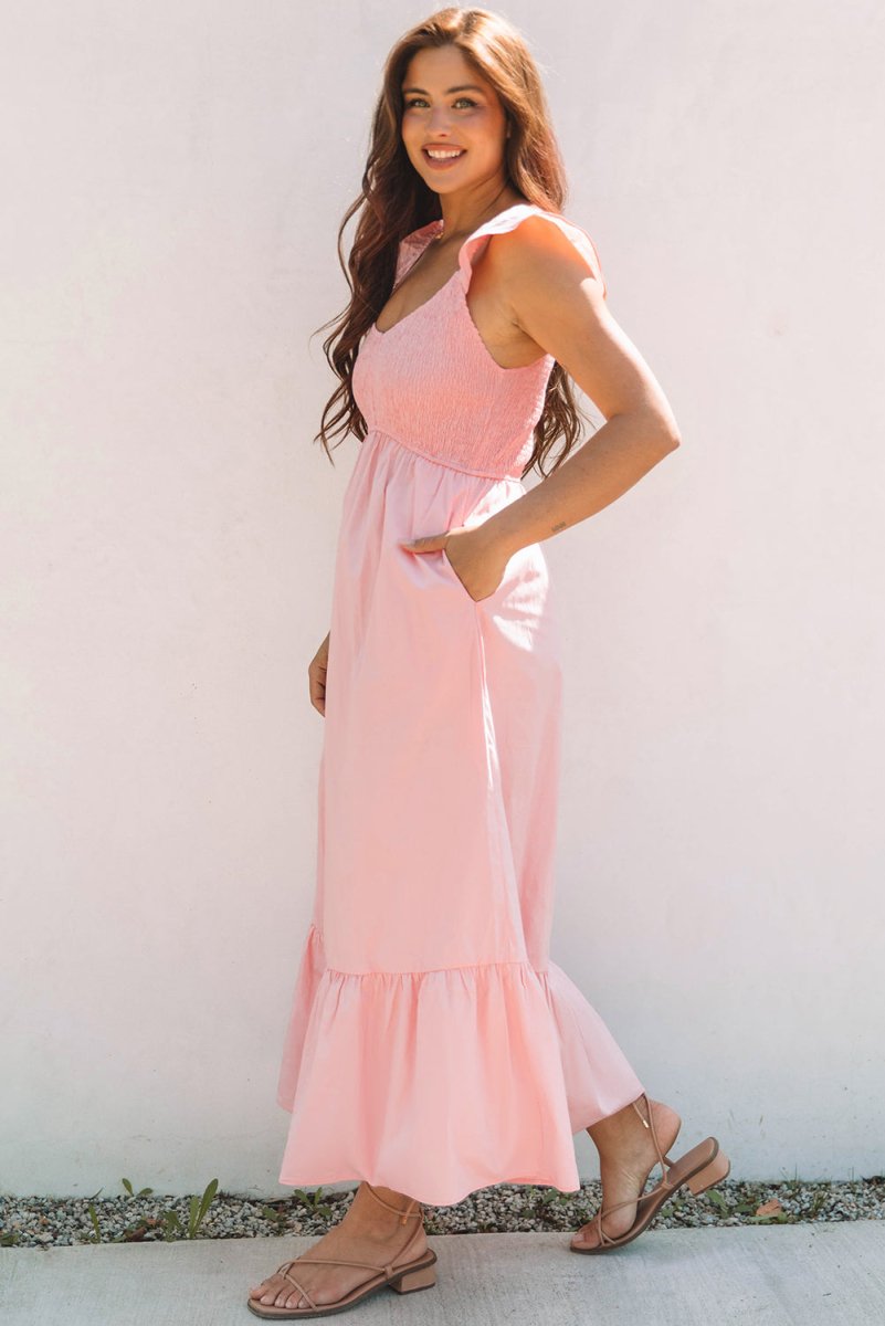 Pink V Neck Flutter Sleeve Smocked Bodice Maxi Dress