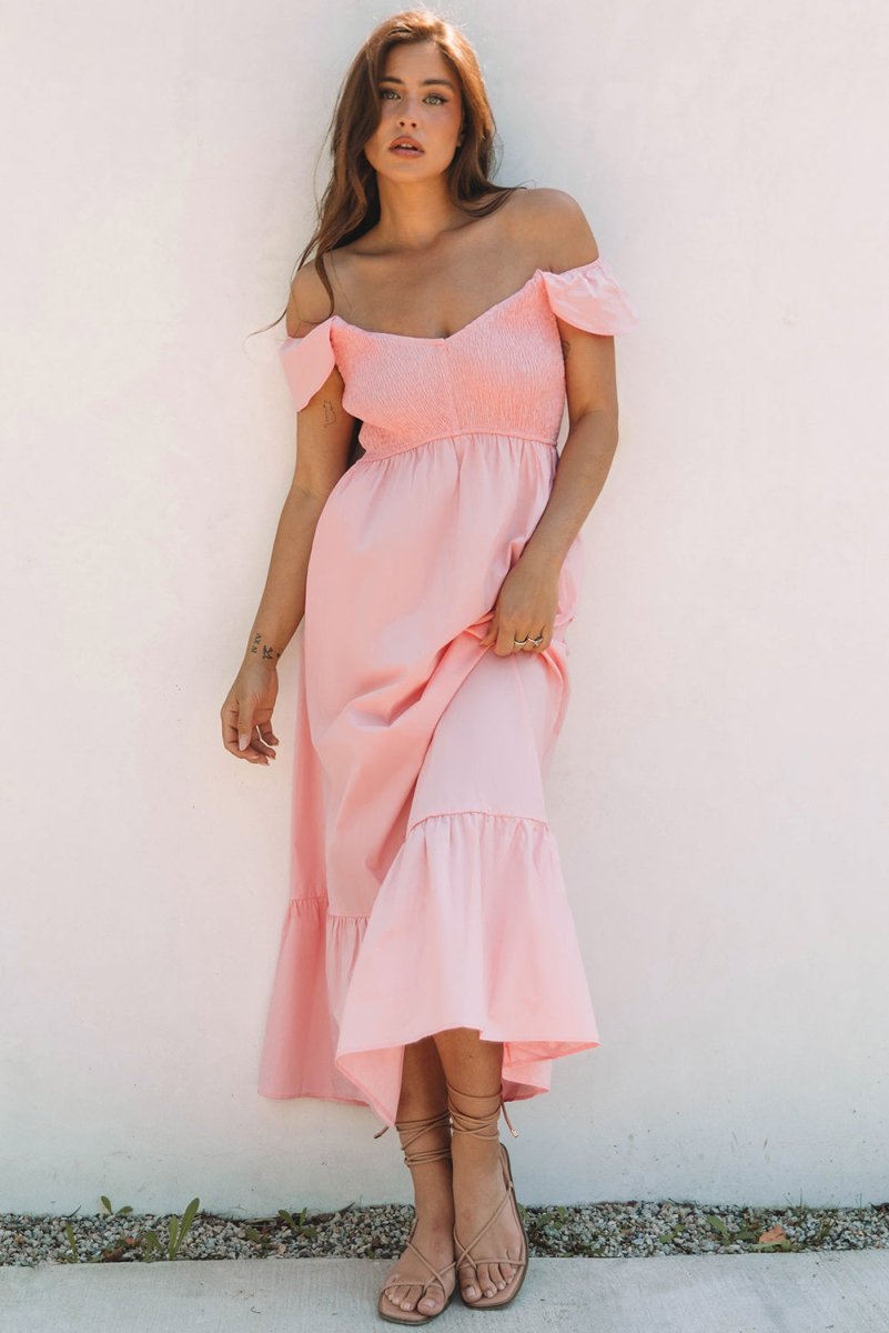 Pink V Neck Flutter Sleeve Smocked Bodice Maxi Dress