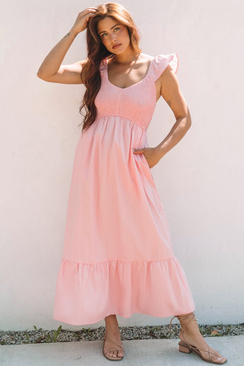 Pink V Neck Flutter Sleeve Smocked Bodice Maxi Dress