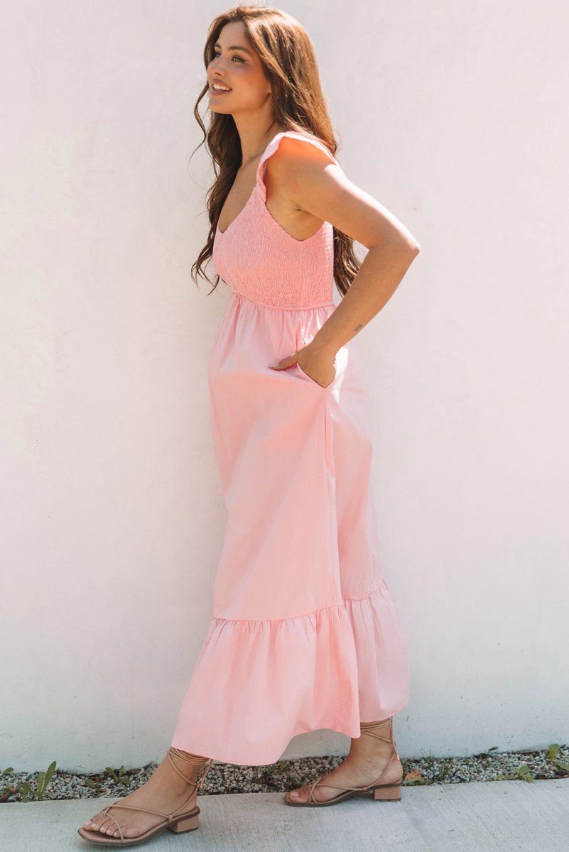 Pink V Neck Flutter Sleeve Smocked Bodice Maxi Dress