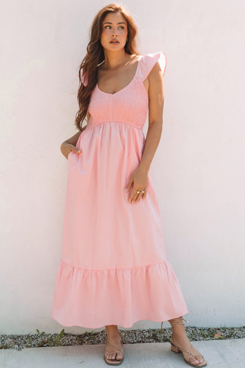Pink V Neck Flutter Sleeve Smocked Bodice Maxi Dress