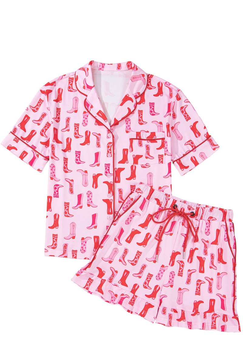 Pink Western Cowgirl Boots Printed Shirt Ruffled Shorts Set