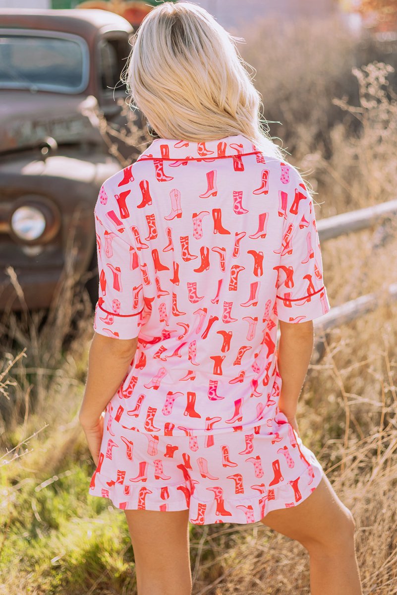 Pink Western Cowgirl Boots Printed Shirt Ruffled Shorts Set