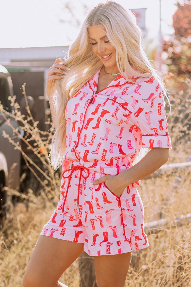 Pink Western Cowgirl Boots Printed Shirt Ruffled Shorts Set